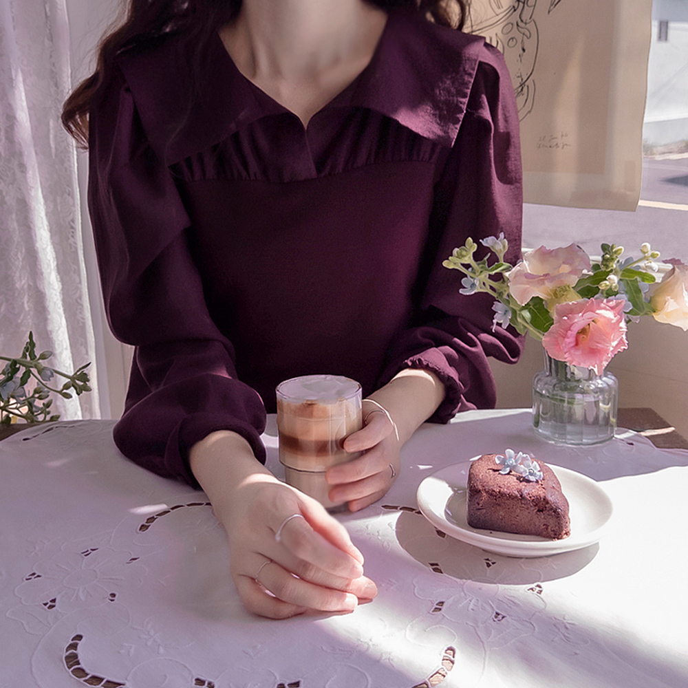 [New Arrival Special 15% Off] <FONT color=#5a3954>MADE LIN</font> Flix Lovely Collar, Stretchy Spandex, Fine Ribbed Color Block Blouse [size:F(55),L(66~77)]