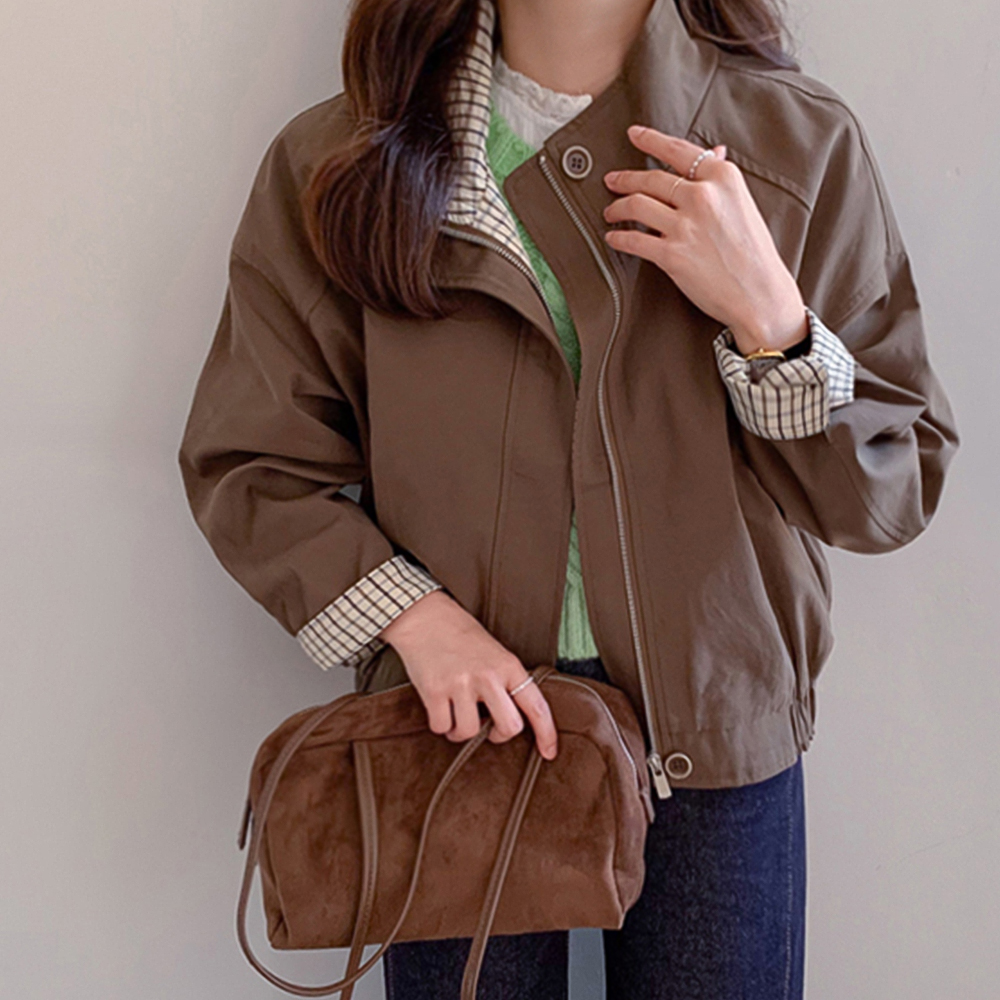 [Color Combination Point] Diana High-Quality Sturdy Classic Check Color Combination Highneck Zip-Up Jacket [Size: F (55~66)]
