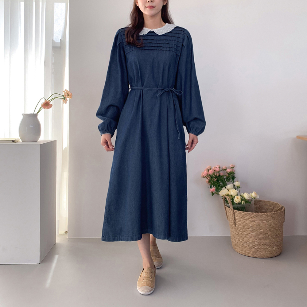 MADE LIN Erma Horizontal Pintuck Denim One Piece [size:F(55~66)]
