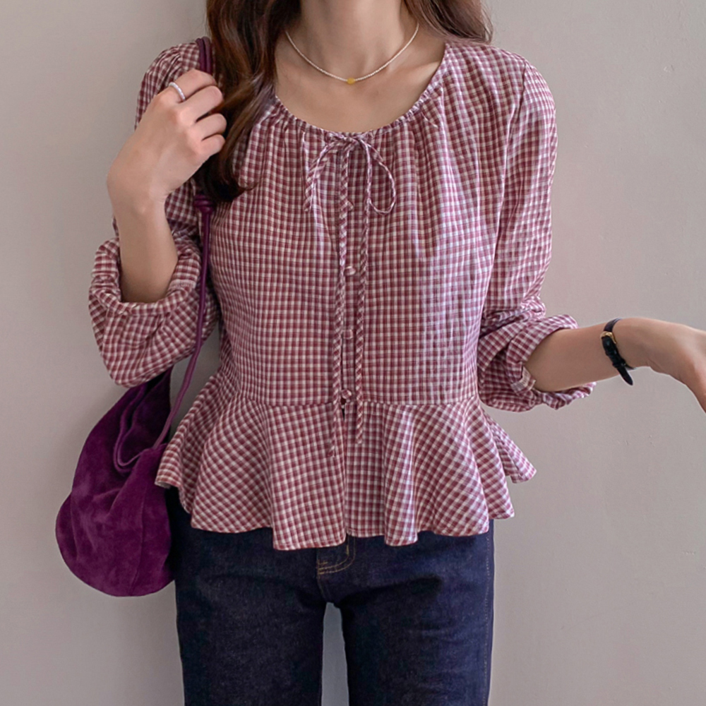 Gingham bowknot string Freel Blouse[size:F(55~66)]