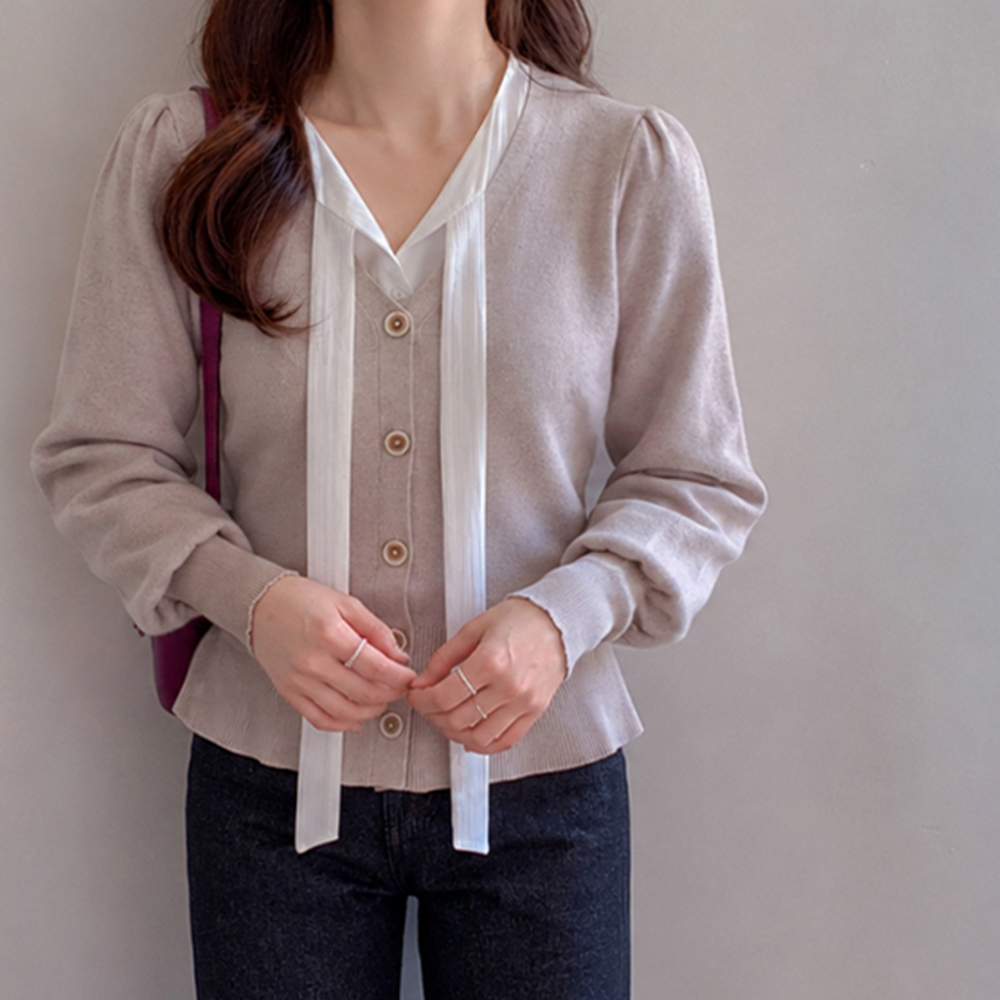 Camilla Shirred Puff Flare V-Neck Knit Cardigan [size:F(55~66)]