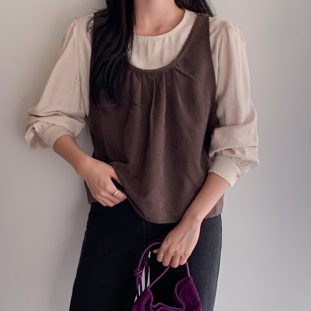 [LABEL] Breeze shirring Sleeveless shirts layered Blouse [size:F(55~66)]
