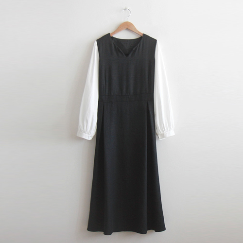[Special Sale 30% ★ Limited Quantity] Suzer Color Combination Sugar Pintuck Waist Tie Elegant One Piece [Size: F (55~66)]