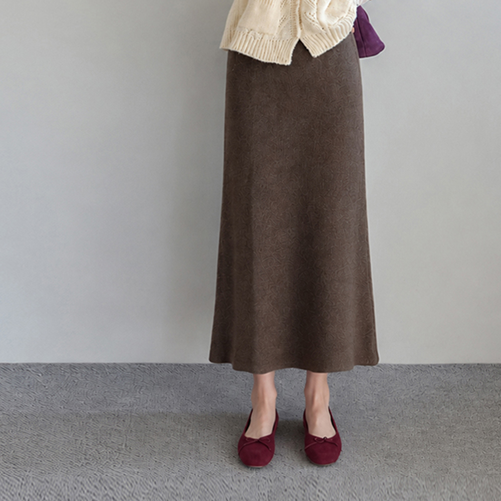[No Scratch / Versatile Styling Item] Boa Banding Flatness Covering Straight Fit Corrugated Knit Long Skirt [size:F(55~66)]