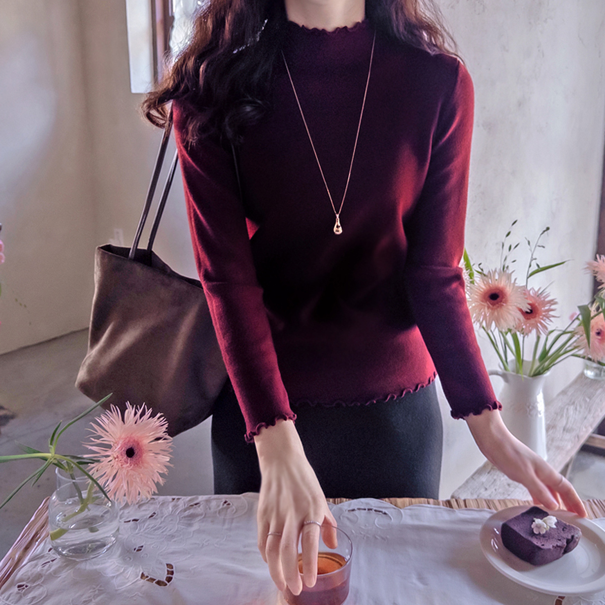 Jenny Wave Stretchy Spandex Soft Quality Mock Turtleneck Knit [size:F(55~66)]