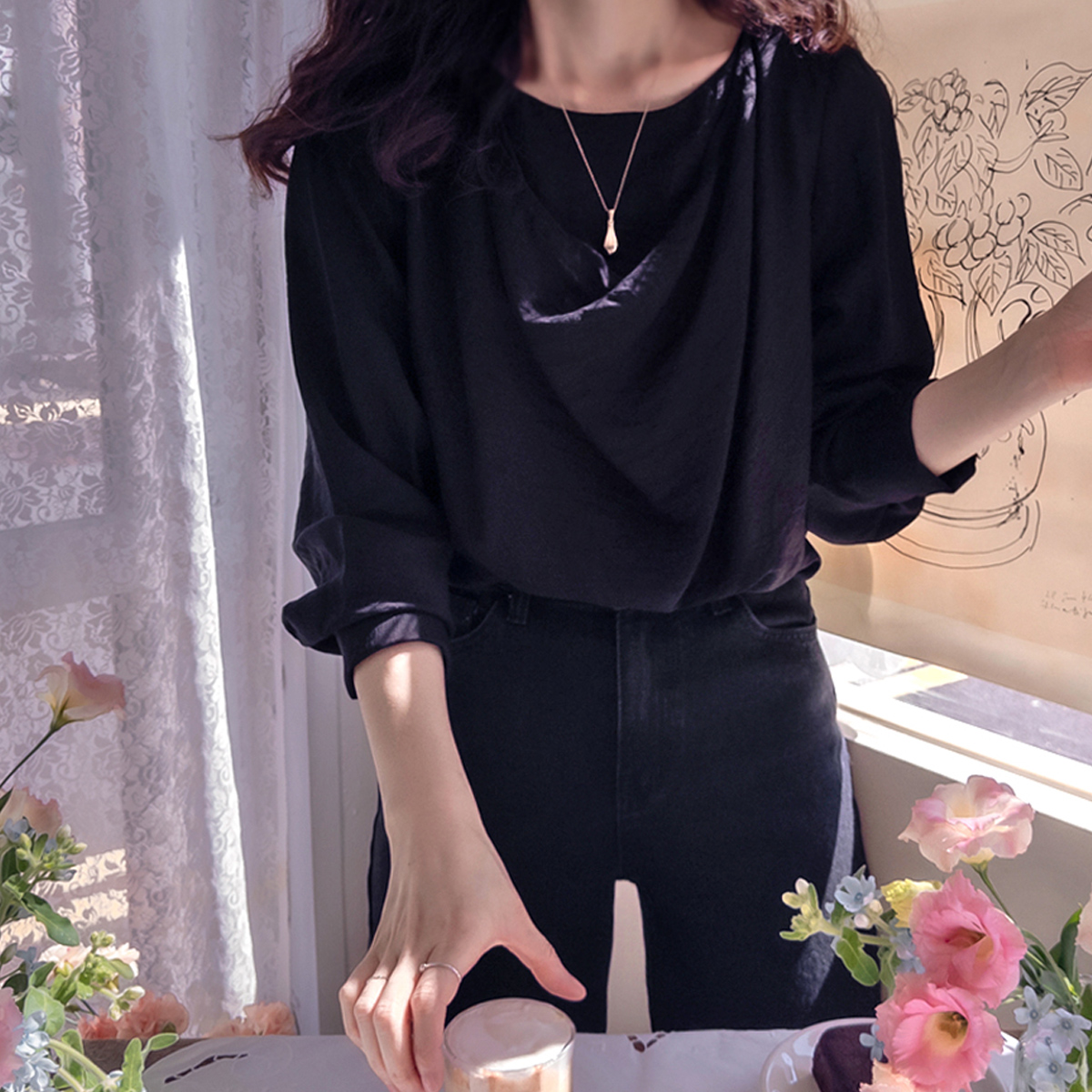 Autumn Lovely Wrap Shirring Flexible Silky Waist Tie Blouse [size:F(55~66)]