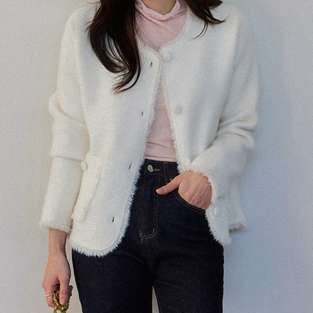Classic Jacket-like Tweed Knit Cardigan [size: F(55~66)]