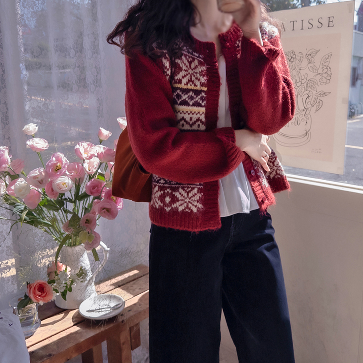 Romance Snowflake Vintage Jeans Lovely Color Warm Knit Cardigan [size:F(55~66)]