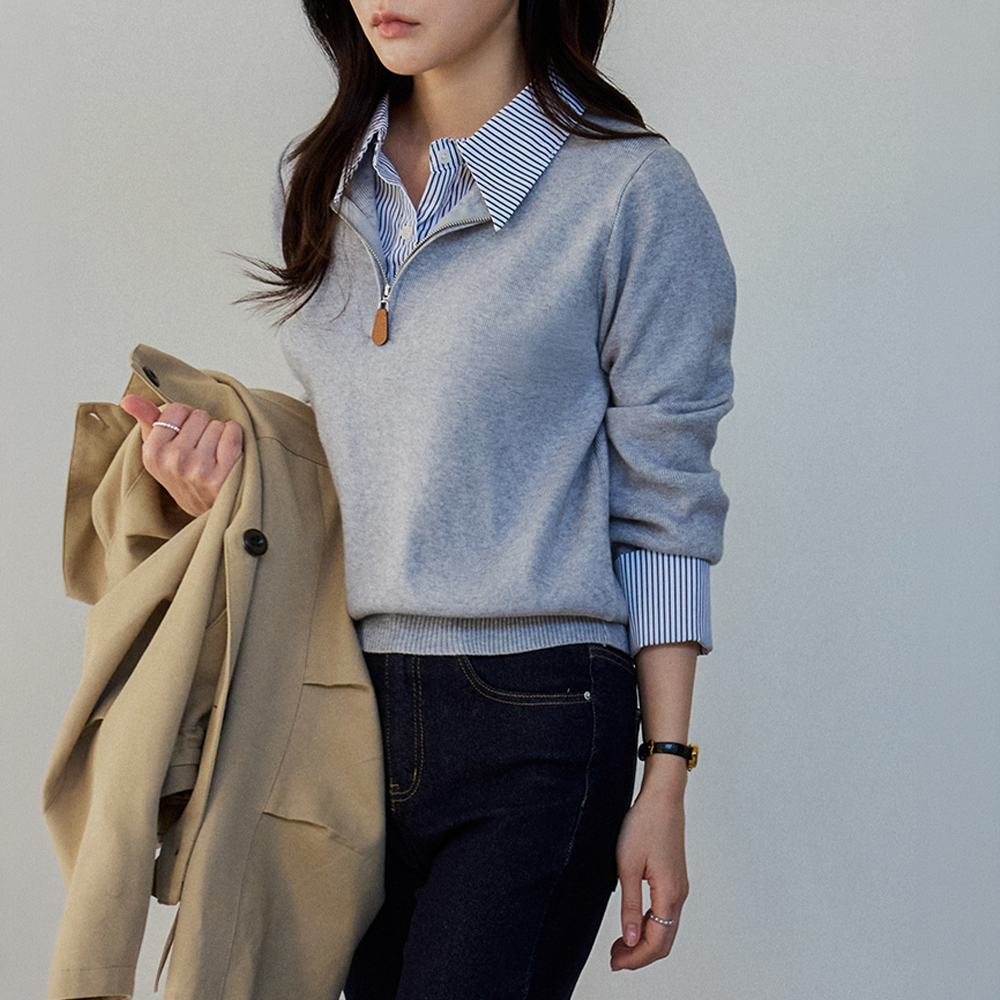 [Complete a layered look with a single outfit-] Erina One-piece Shirt color combination key point half-zip Knit [size:F(55~66)]