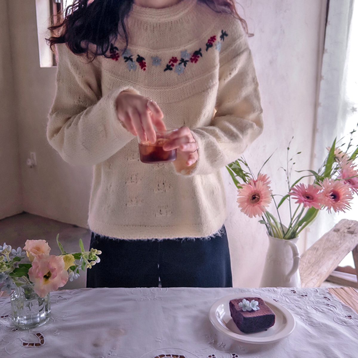 Shuvenid 3D Flower Embroidery High-Quality Weave Warmth Knit [size:F(55~66)]