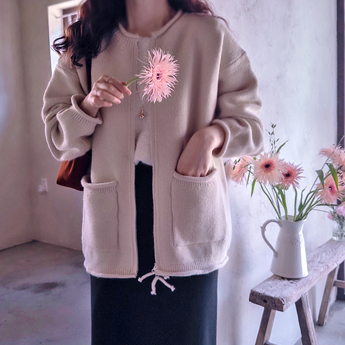 Elder Pocket Rolled Neck Thick Knit Soft Cardigan [size:F(55~77)]