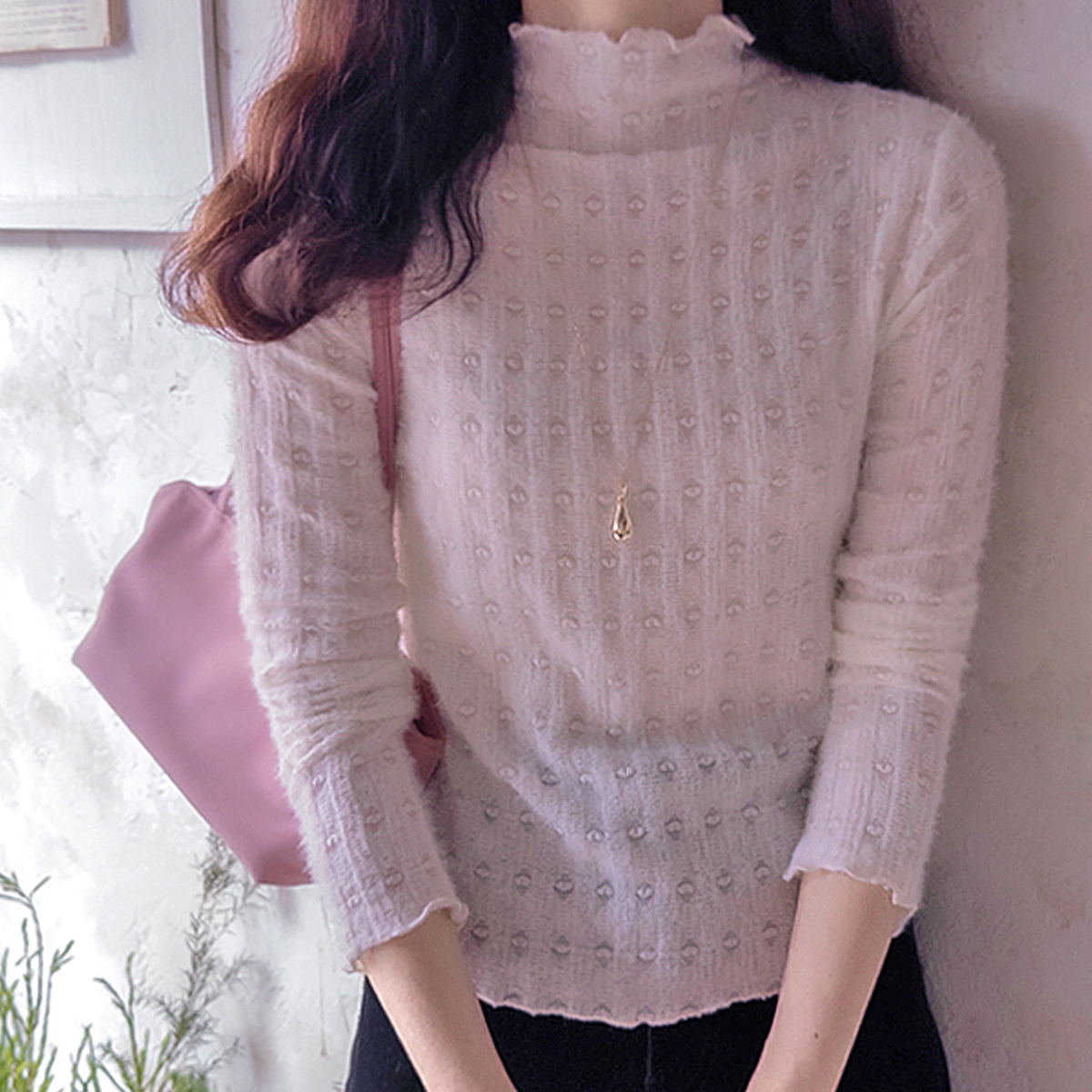 Jeanne Heart Soft Brushed Spandex Mock Turtleneck Tee [size:F(44~66)]