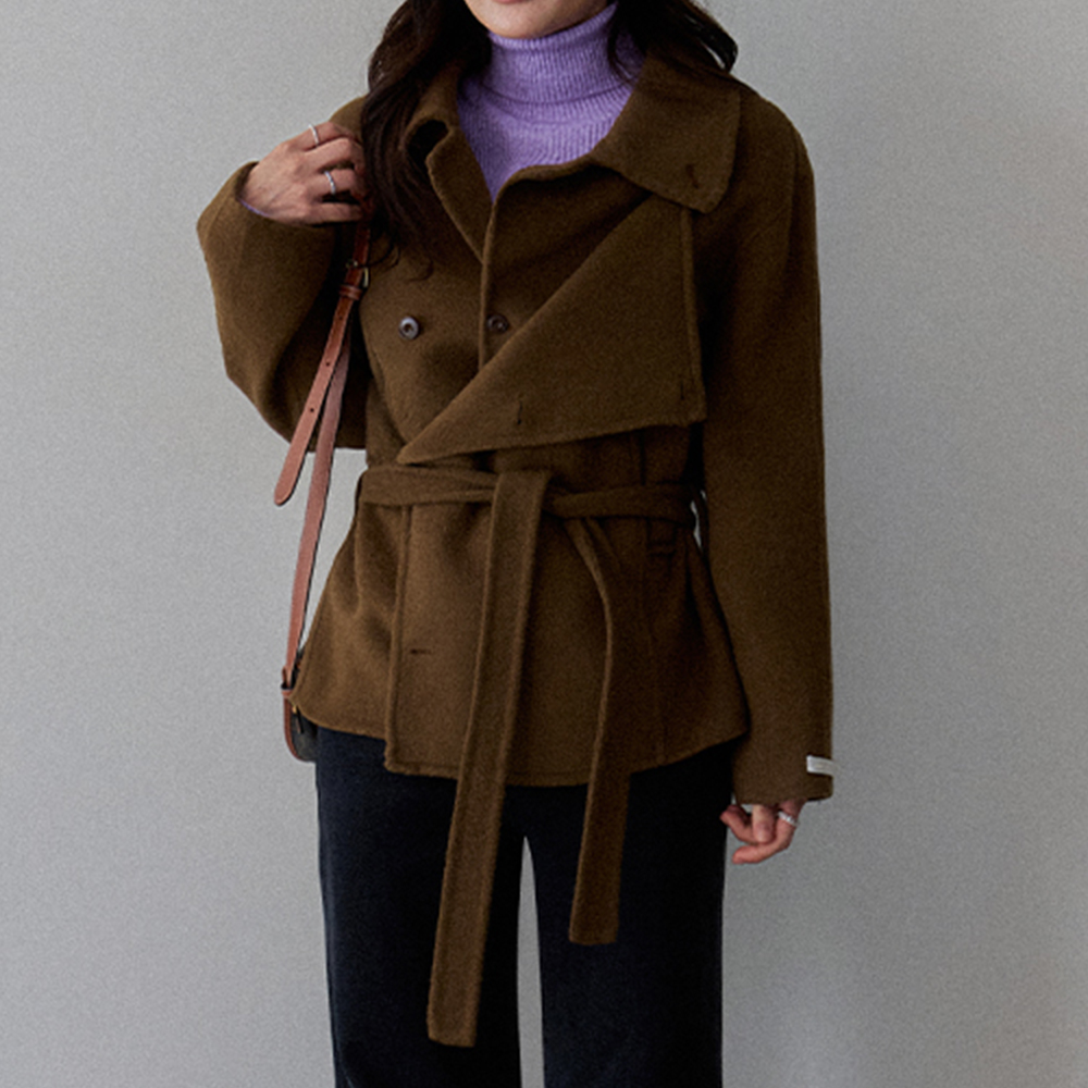 [2-Way Style/Wool 70%] Luxurious Stand-up Collar Belt Harp Wool Handmade Coat [size:F(55~66)]