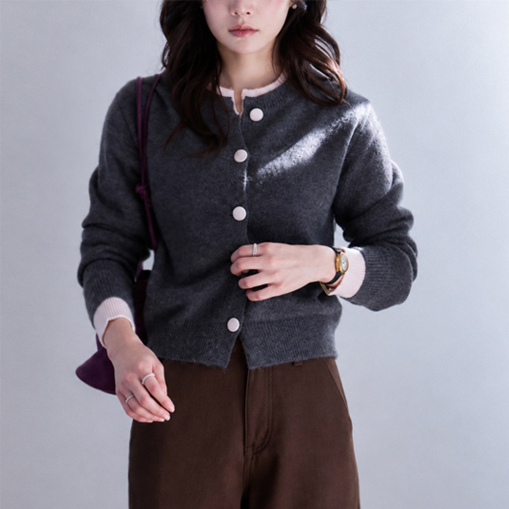 Violetta Neck Sleeve Color Combination Layered Bean Button Cardigan [size:F(55~66)]