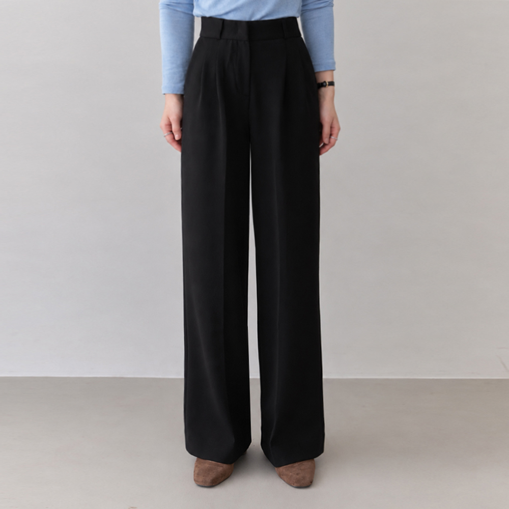 Honey Stretch Two-Pin Tuck Napping Semi-Wide Slacks (Short/Long) [size:S,M,L,XL]