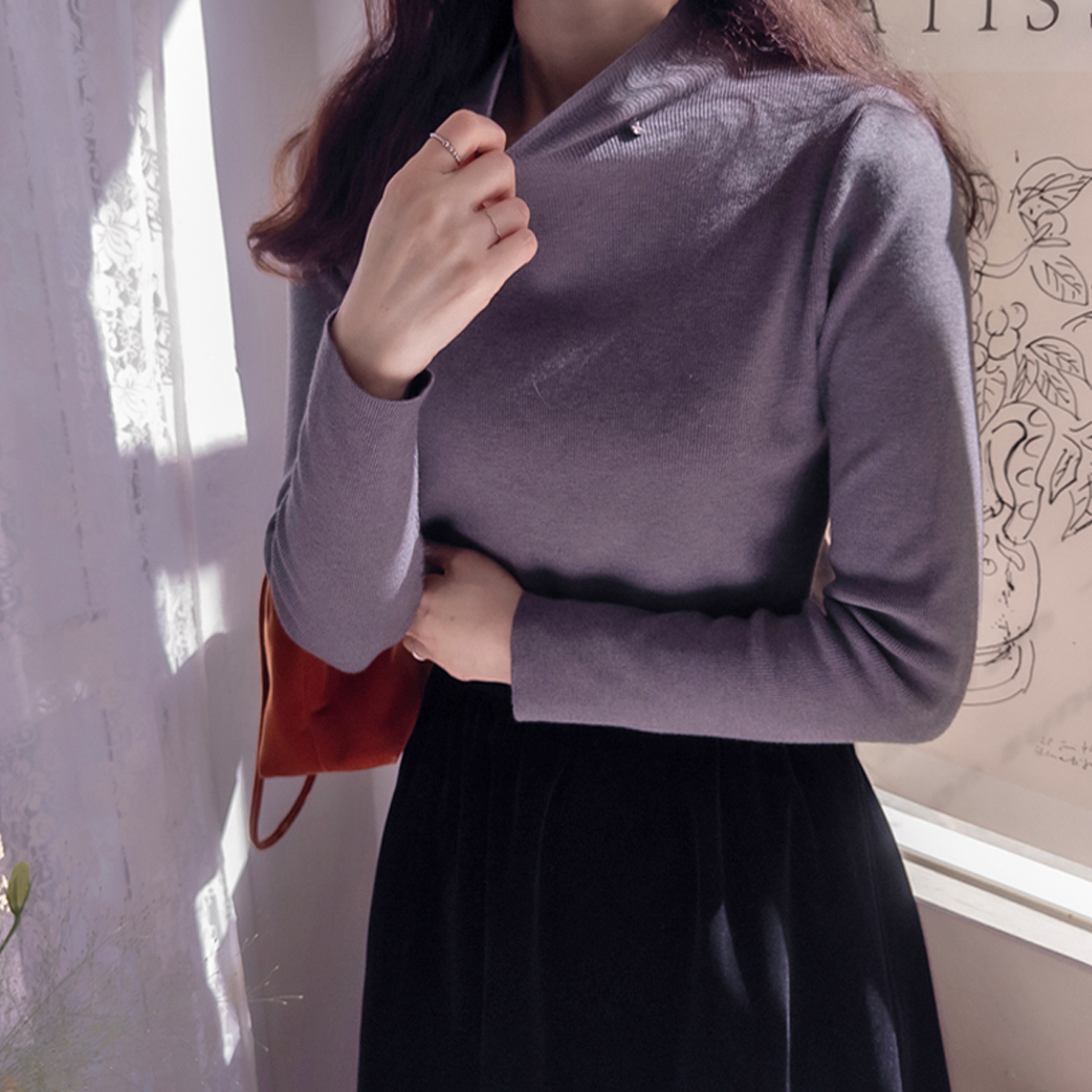 Robe Pendant Soft Stretch Spandex Mock Turtleneck Viscose High-Quality Simple Knit [size:F(55~66)] 