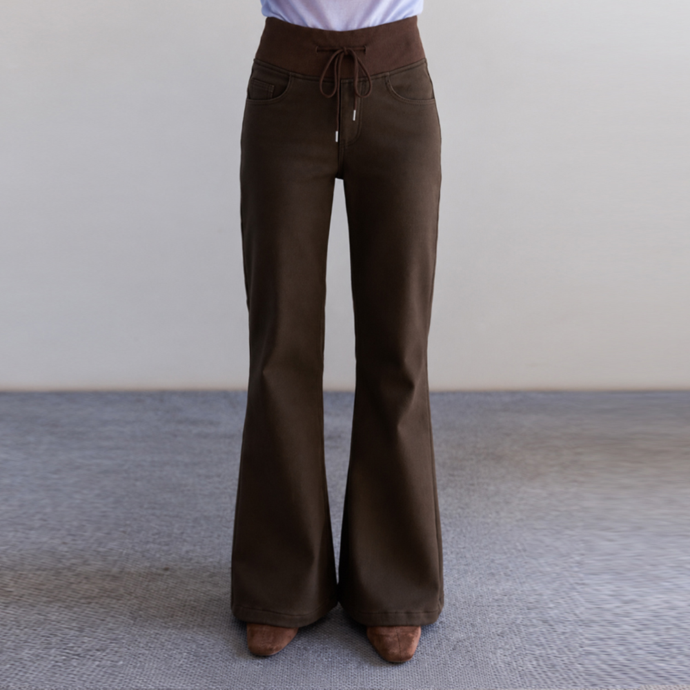 Elena Fleece-lined Knit Large Elastic Waist Adjustable String Back Pocket Boot Cut Pants (Short/Basic/Long) [size:S,M,L,XL,2XL]